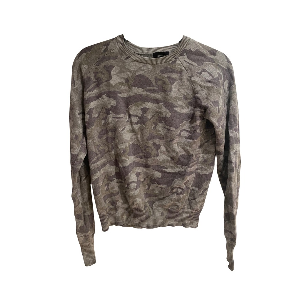 Monrow Camo Print Sweatshirt Womens Small Green Grey Raglan Crew Neck Pullover